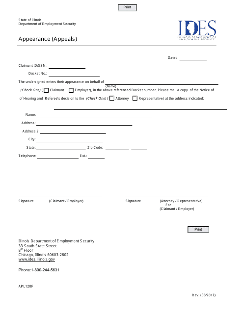 Form APL120F Appearance (Appeals) - Illinois