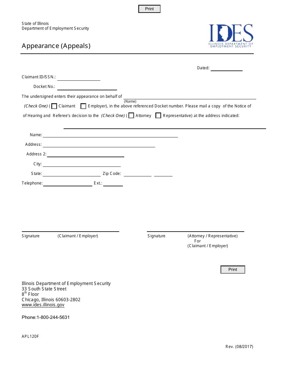 Form APL120F Appearance (Appeals) - Illinois, Page 1