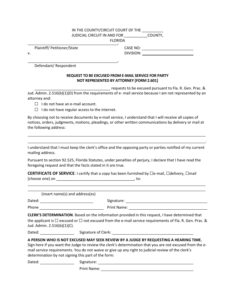 Form 2.601 Excused From Email Service for Pro Se Litigants - Miami-Dade County, Florida, Page 1