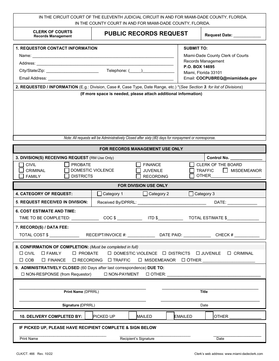 Form CLK/CT.466 Public Records Request - Miami-Dade County, Florida, Page 1