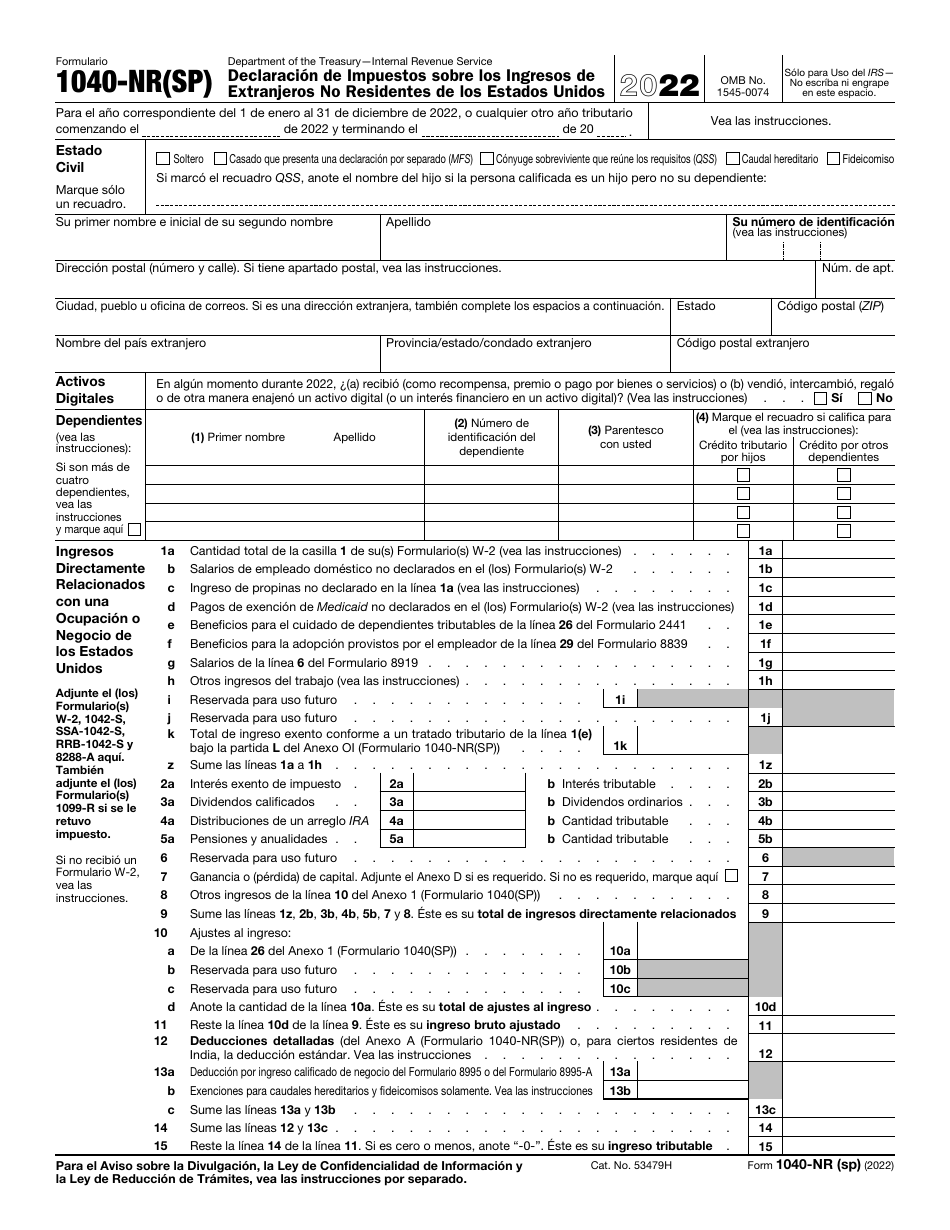 IRS Formulario 1040-NR (SP) Declaracion De Impuestos Sobre Los Ingresos De Extranjeros No Residentes De Los Estados Unidos (Spanish), Page 1