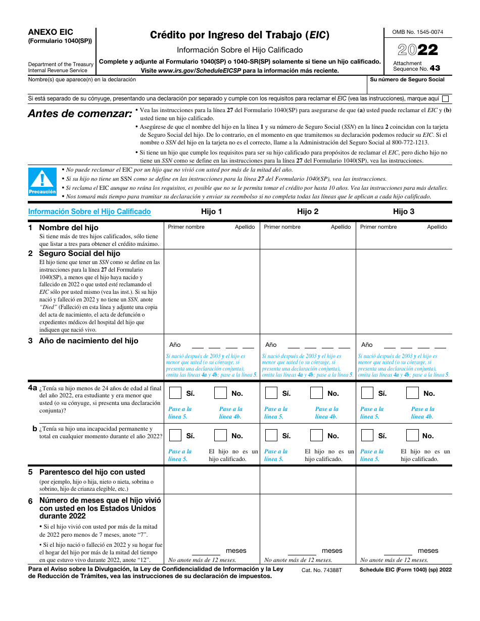 IRS Formulario 1040(SP) Anexo EIC 2022 Fill Out, Sign Online and Download Fillable PDF