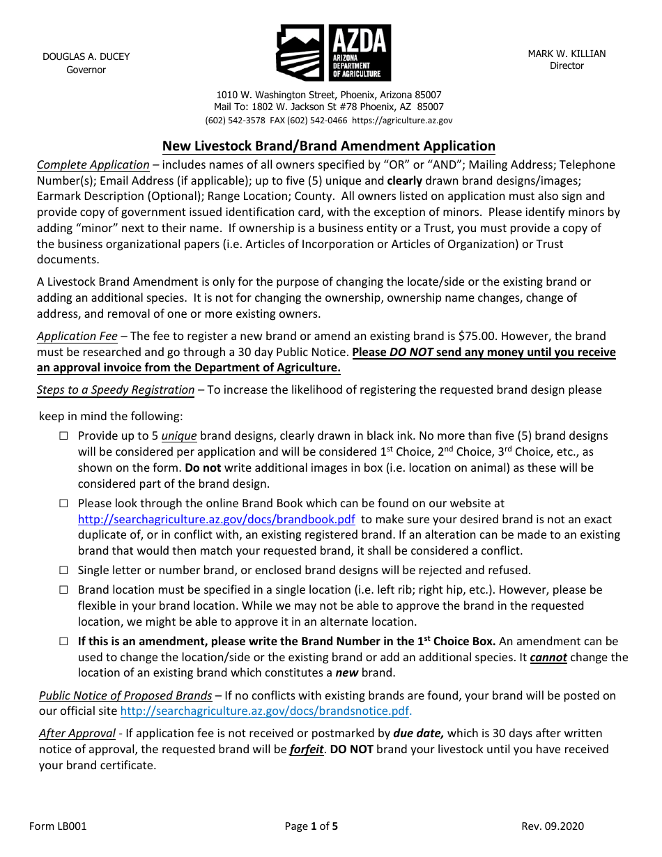 Form LB001 New Livestock Brand / Brand Amendment Application - Arizona, Page 1