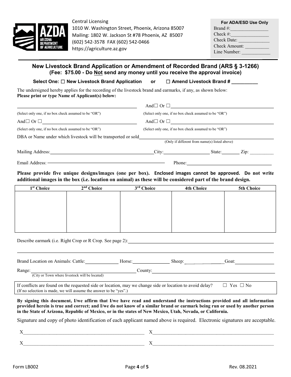 Form LB001 New Livestock Brand / Brand Amendment Application - Arizona, Page 4