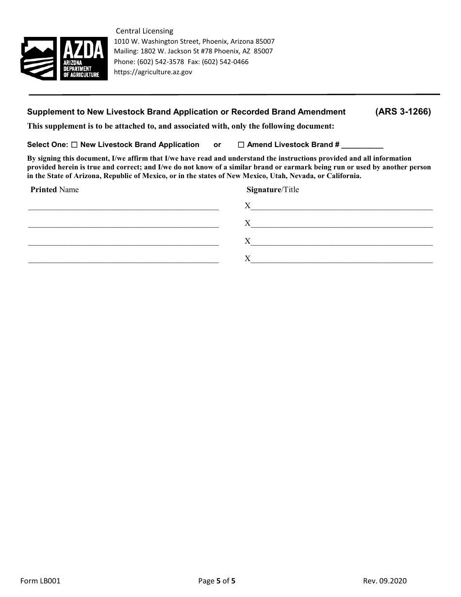 Form LB001 New Livestock Brand / Brand Amendment Application - Arizona, Page 5