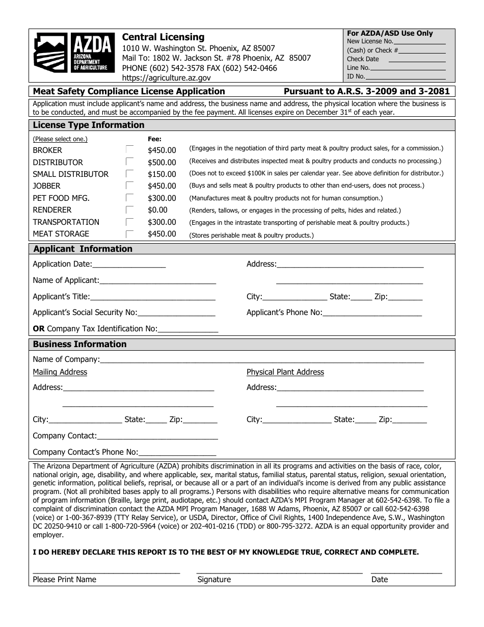 Meat Safety Compliance License Application - Arizona, Page 1