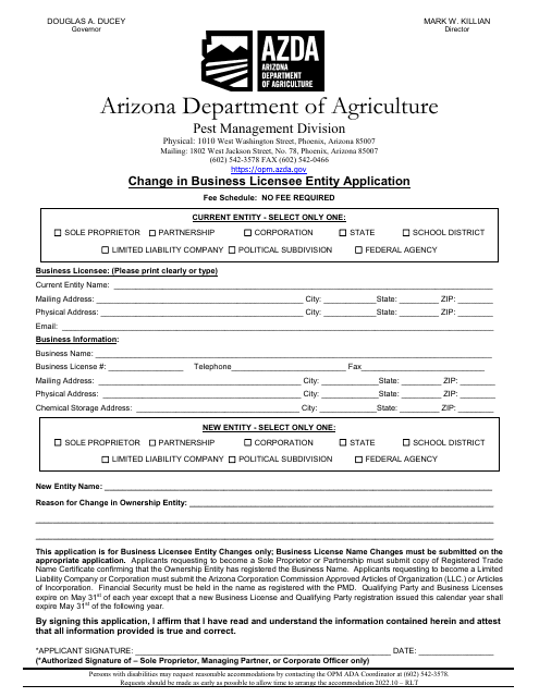 Change in Business Licensee Entity Application - Arizona Download Pdf