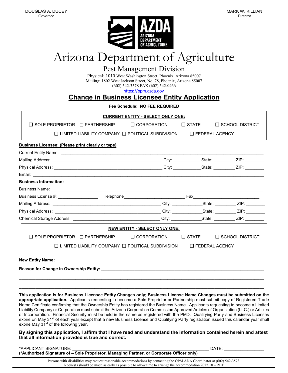 Change in Business Licensee Entity Application - Arizona, Page 1