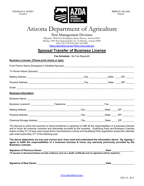 Spousal Transfer of Business License - Arizona Download Pdf