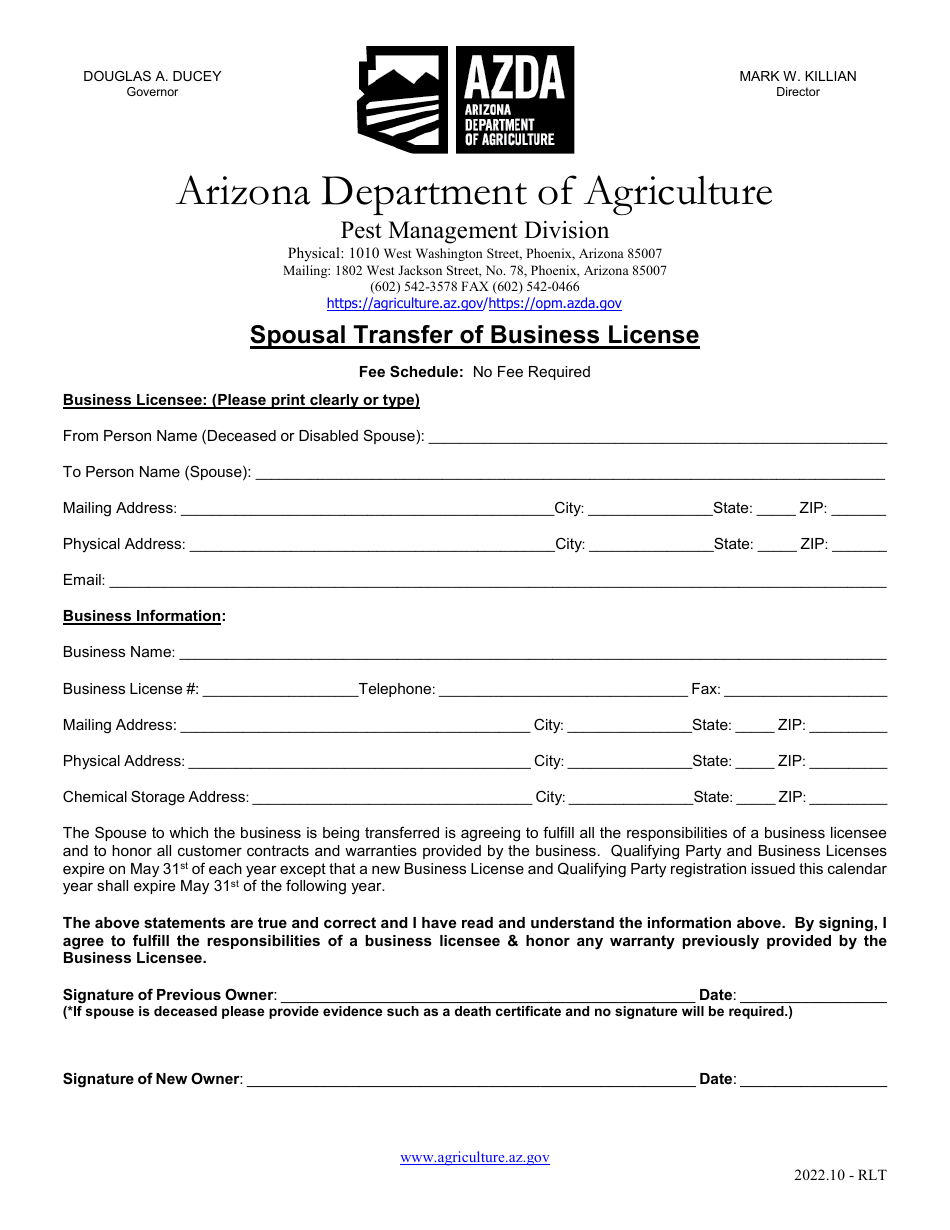 Arizona Spousal Transfer of Business License Fill Out, Sign Online