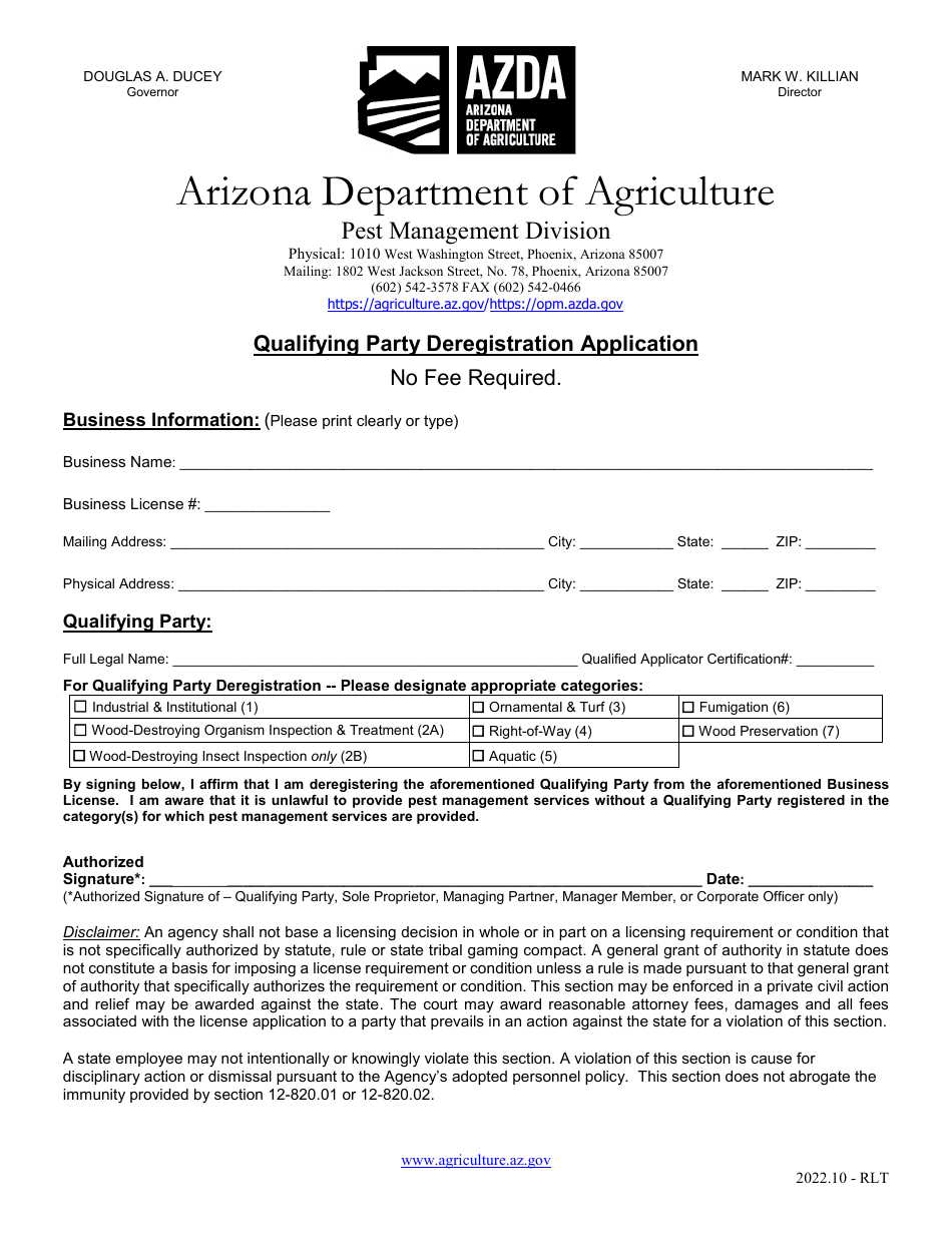 Qualifying Party Deregistration Application - Arizona, Page 1
