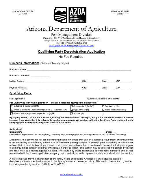 Qualifying Party Deregistration Application - Arizona Download Pdf