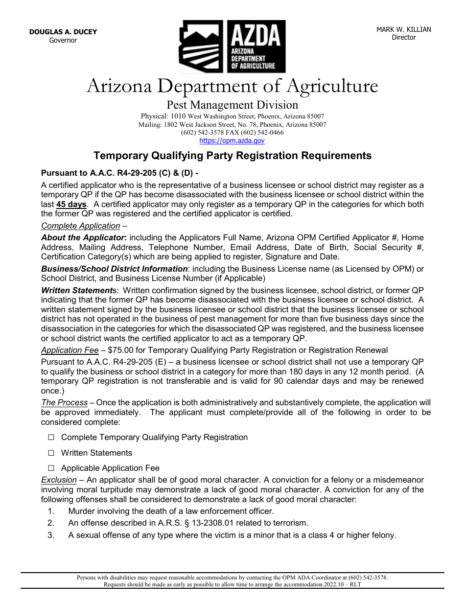 Temporary Qualifying Party Registration Application - Arizona, Page 1