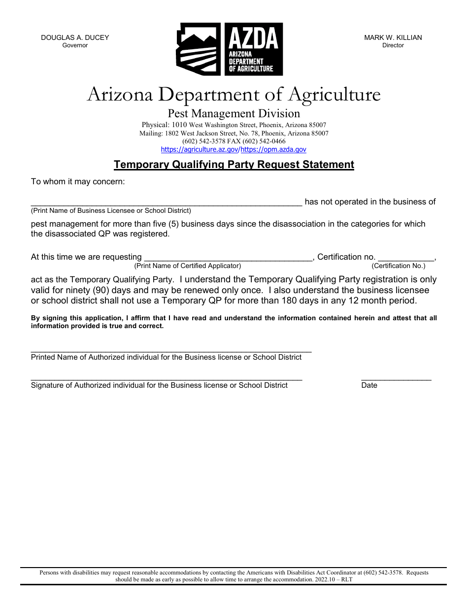 Temporary Qualifying Party Registration Application - Arizona, Page 4