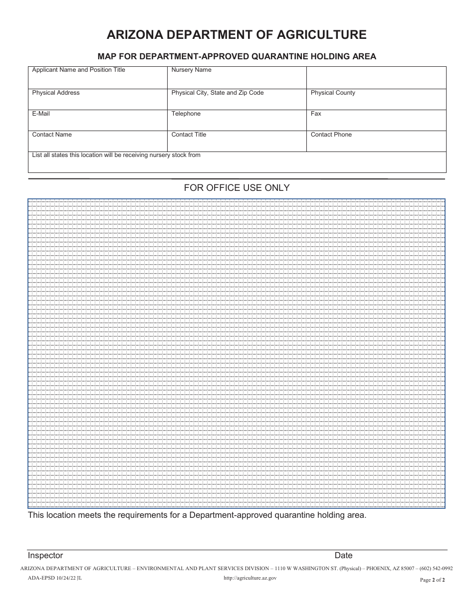 Form ADA-EPSD0912 Application for Department-Approved Quarantine Holding Area (R3-4-239 Imported Fire Ants) - Arizona, Page 2