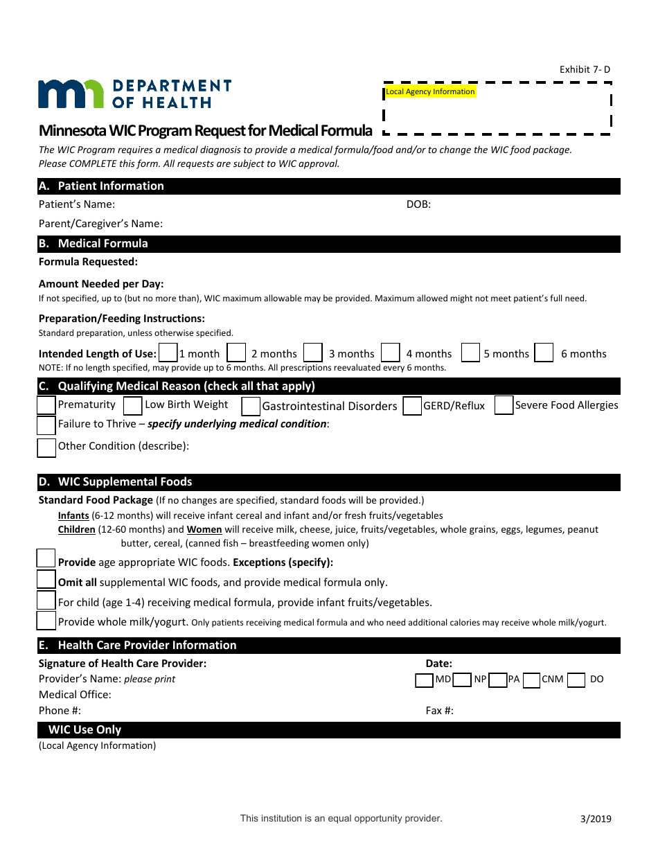 Exhibit 7-D Request for Medical Formula - Minnesota Wic Program - Minnesota, Page 1