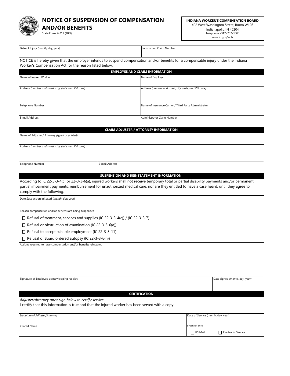 State Form 54217 Notice of Suspension of Compensation and / or Benefits - Indiana, Page 1