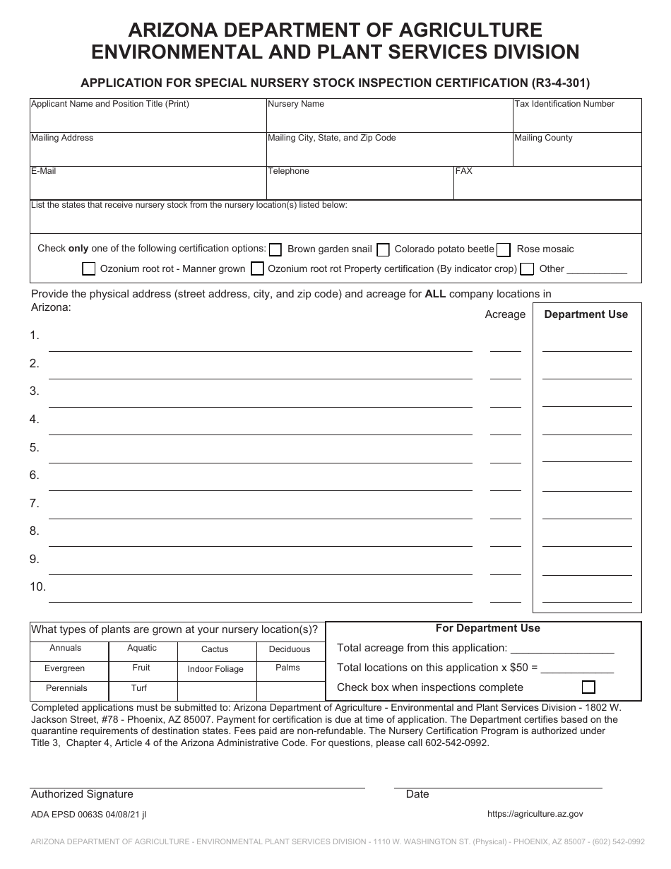 Form ADA-EPSD0063S Application for Special Nursery Stock Inspection Certification (R3-4-301) - Arizona, Page 1