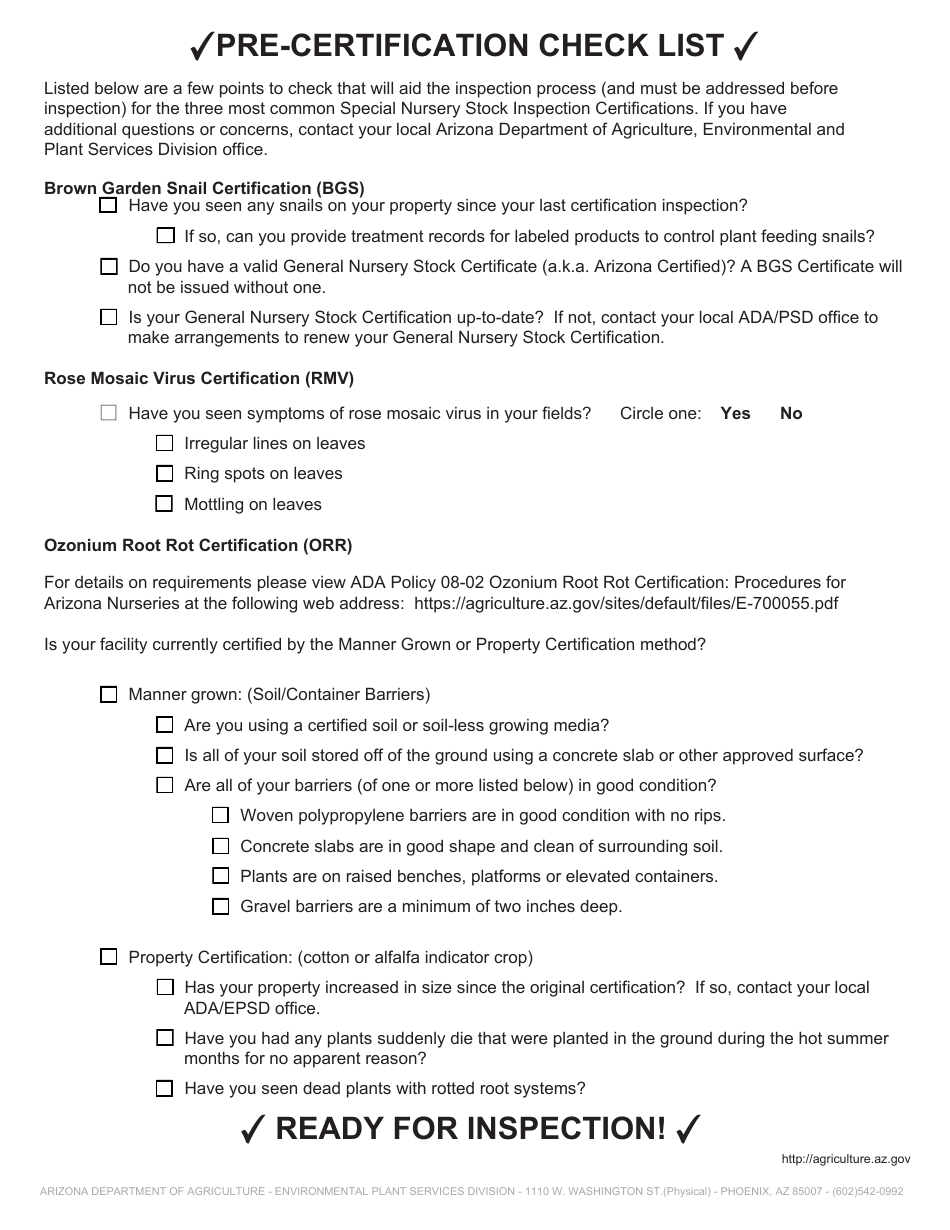 Form ADA-EPSD0063S Application for Special Nursery Stock Inspection Certification (R3-4-301) - Arizona, Page 2