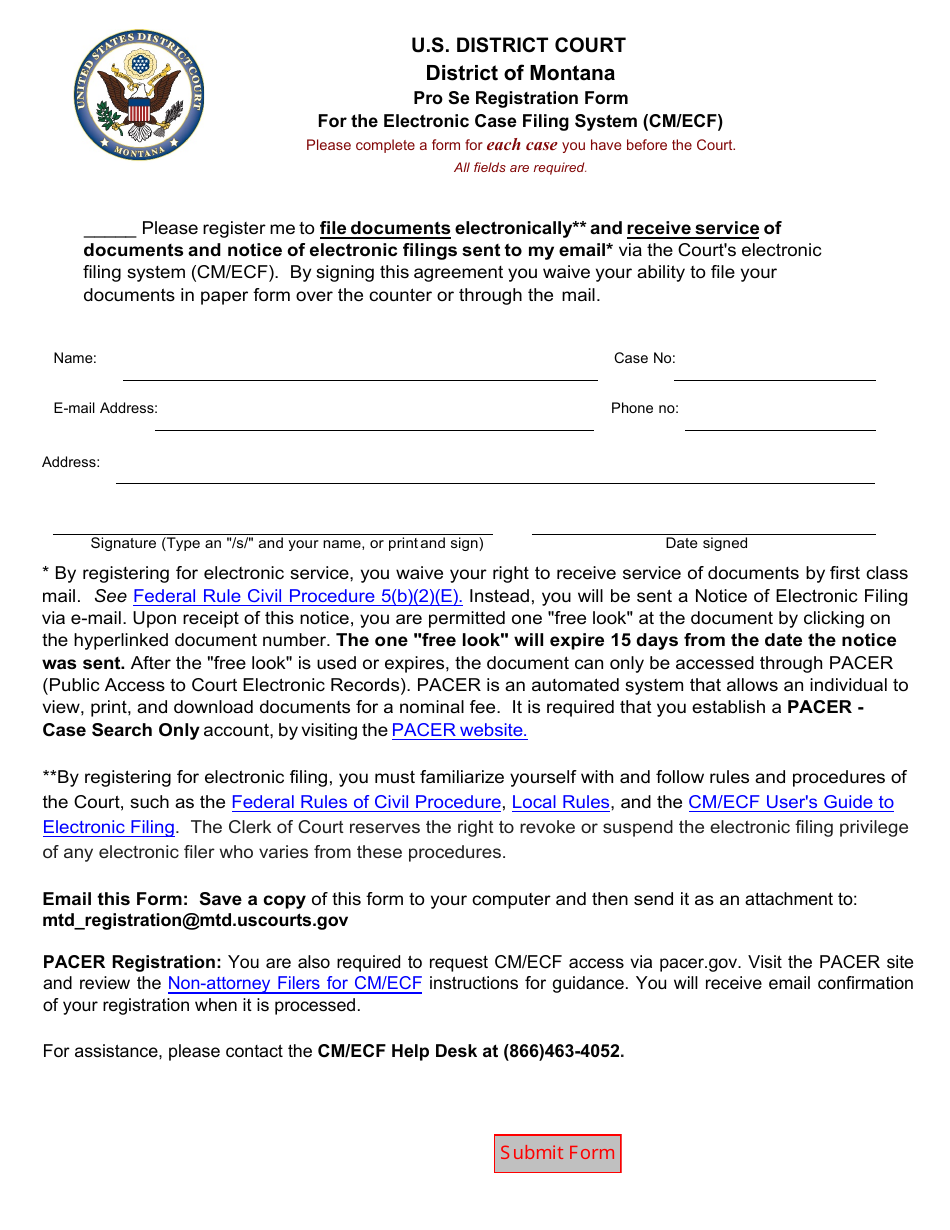 Pro Se Registration Form for the Electronic Case Filing System (Cm / Ecf) - Montana, Page 1