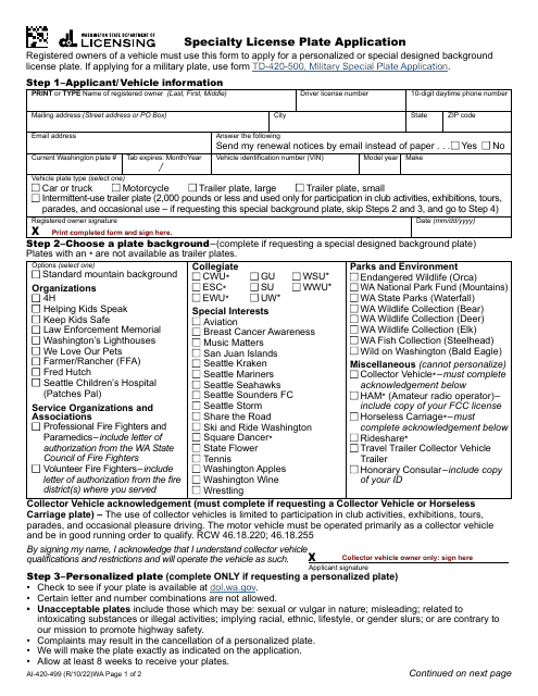 Form AI-420-499 Specialty License Plate Application - Washington