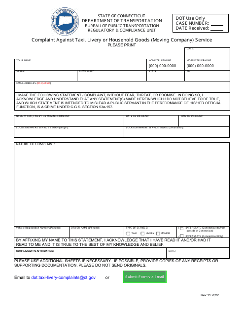 Complaint Against Taxi, Livery or Household Goods (Moving Company) Service - Connecticut