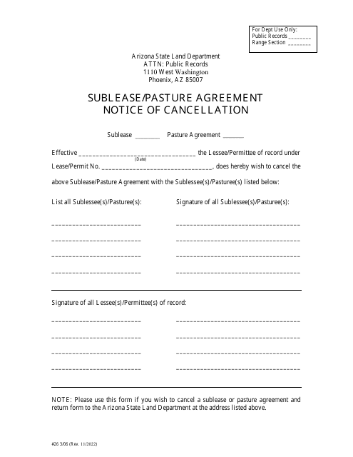 Form 26 Sublease/Pasture Agreement Notice of Cancellation - Arizona