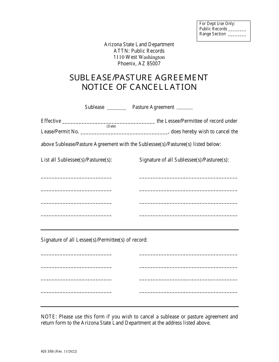 Form 26 Sublease / Pasture Agreement Notice of Cancellation - Arizona, Page 1
