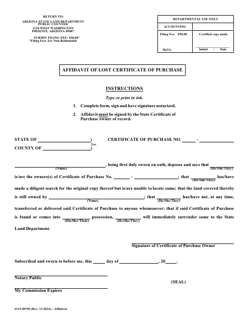 Form 6115 Affidavit of Lost Certificate of Purchase - Arizona