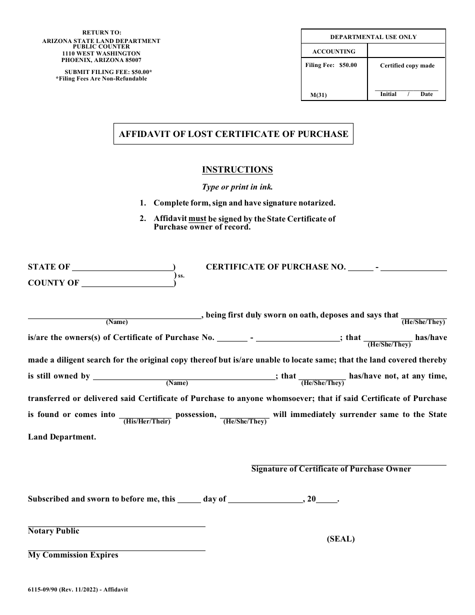 Form 6115 Affidavit of Lost Certificate of Purchase - Arizona, Page 1