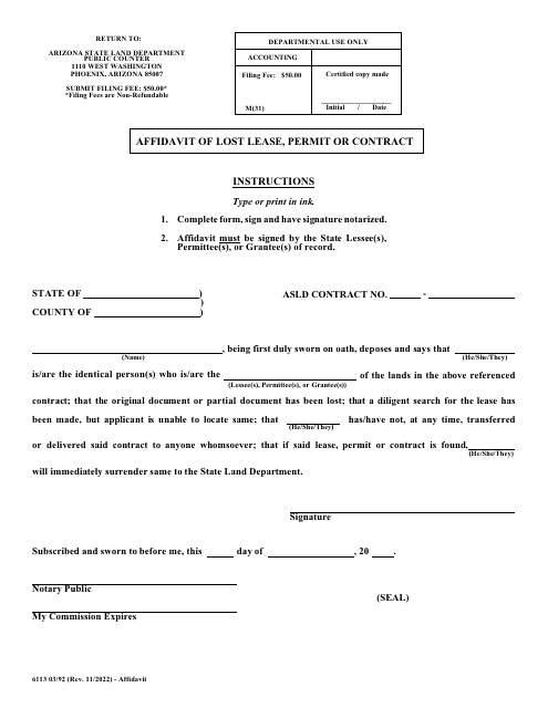 Form 6113 Affidavit of Lost Lease, Permit or Contract - Arizona