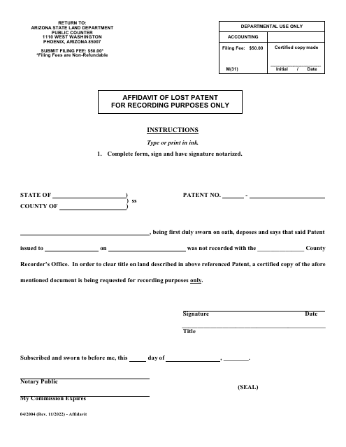 Affidavit of Lost Patent - Arizona Download Pdf