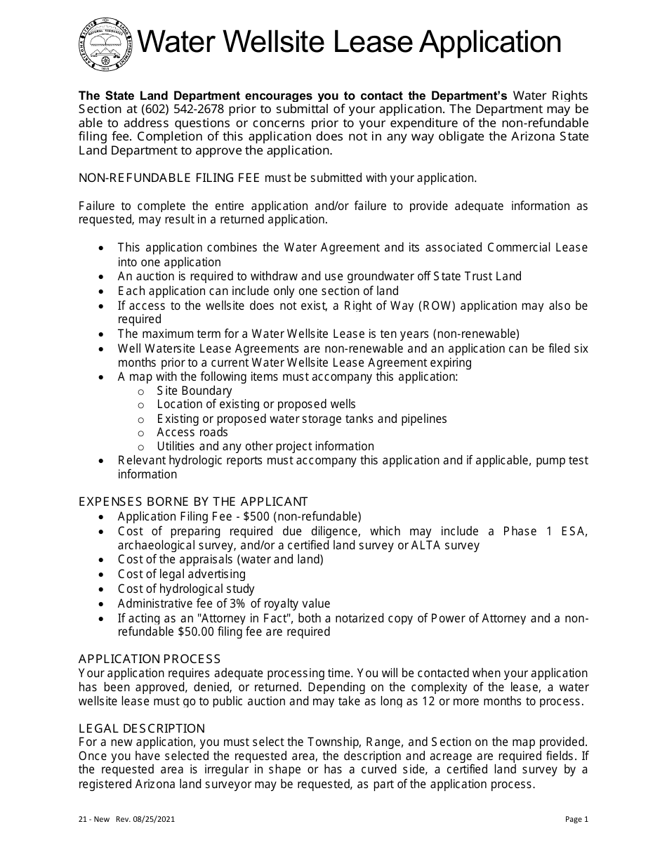 Water Wellsite Lease Application - Arizona, Page 1