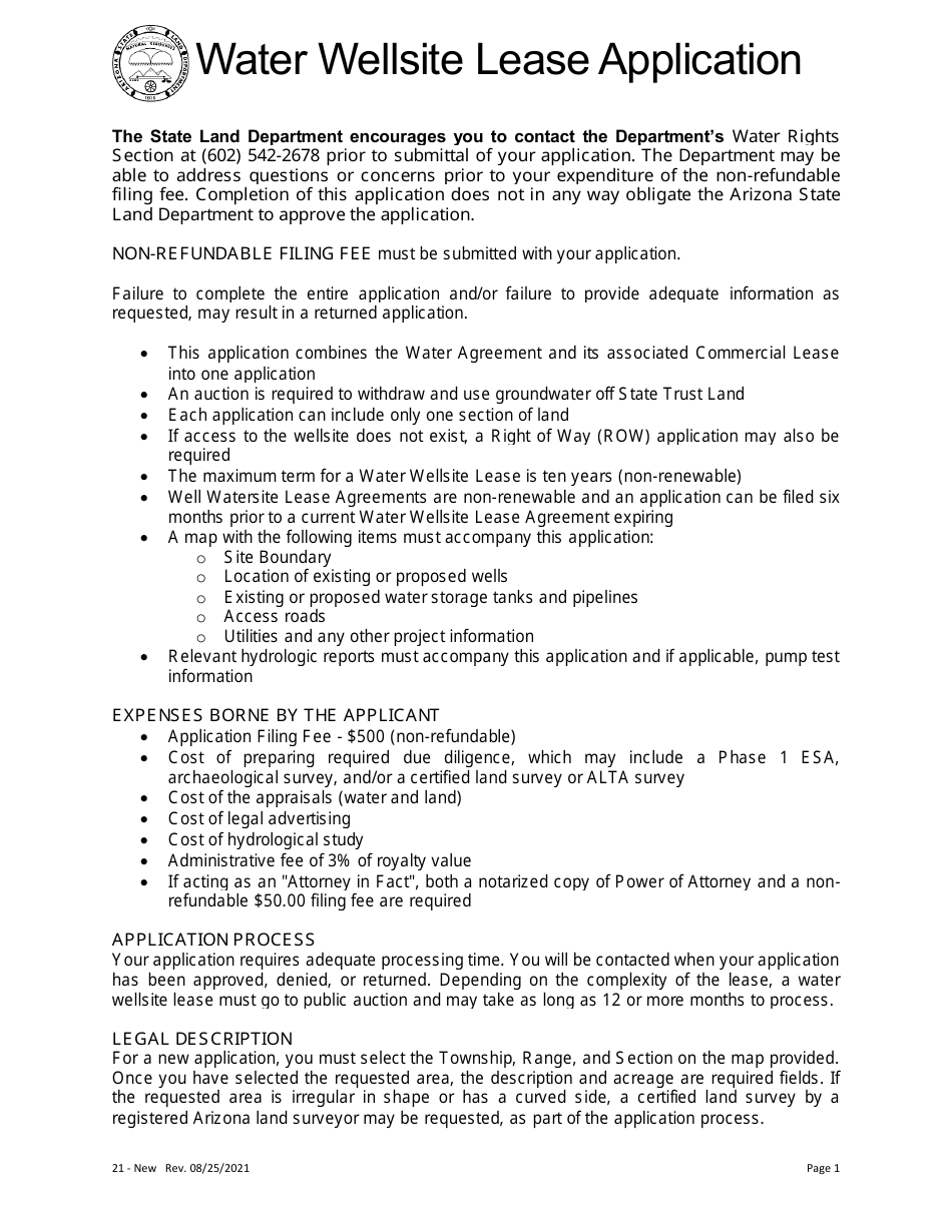 Arizona Water Wellsite Lease Application Fill Out, Sign Online and