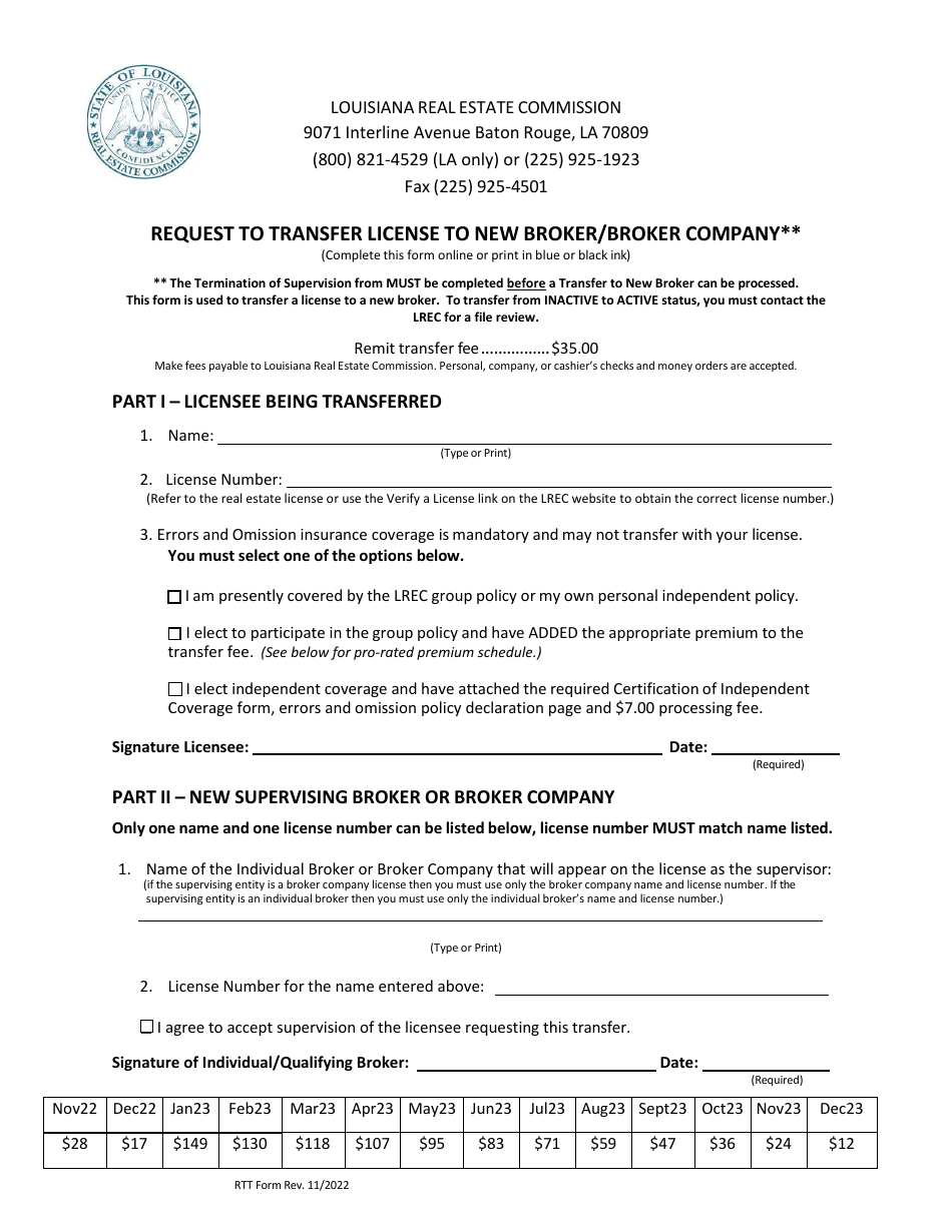 Request to Transfer License to New Broker / Broker Company - Louisiana, Page 1