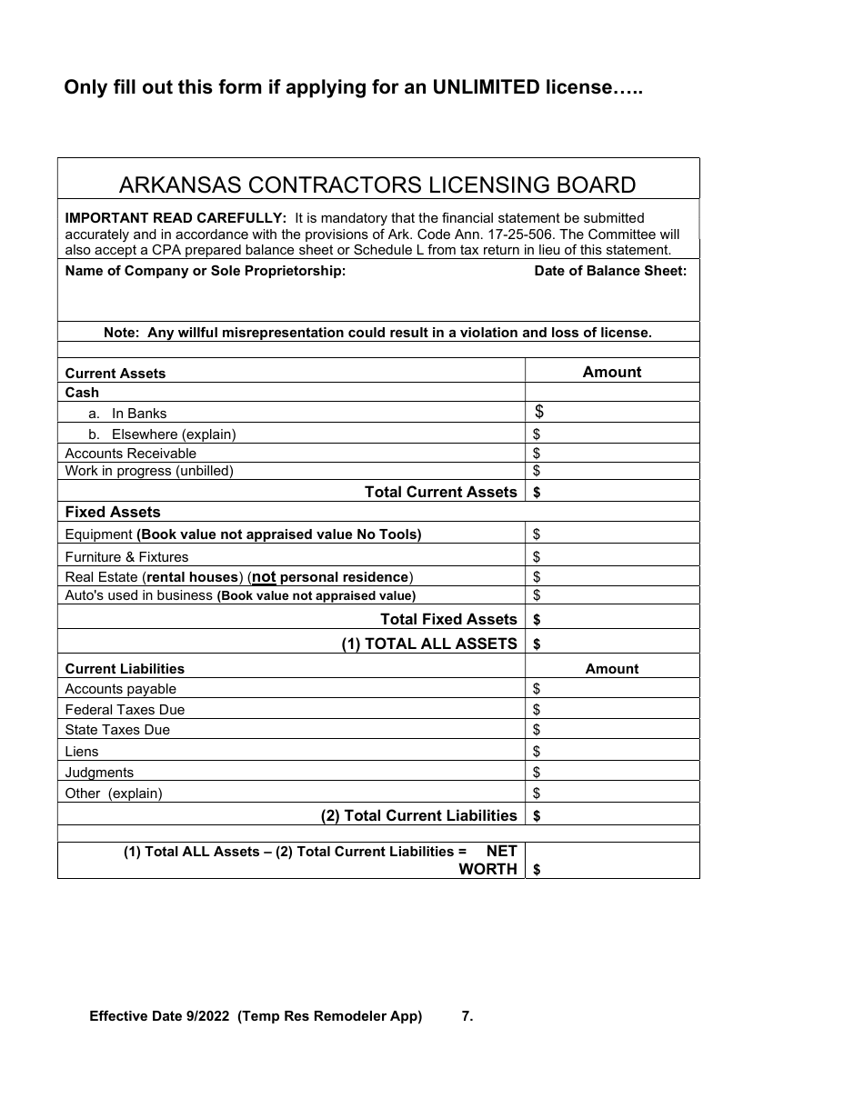 Temporary Residential Remodeler Licensing Application - Arkansas, Page 7