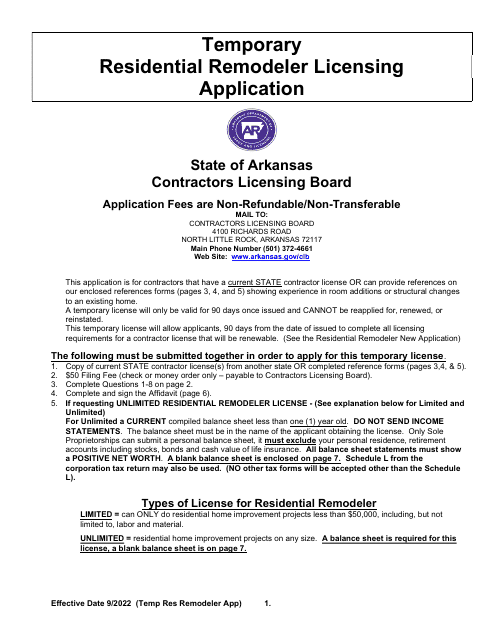 Temporary Residential Remodeler Licensing Application - Arkansas Download Pdf