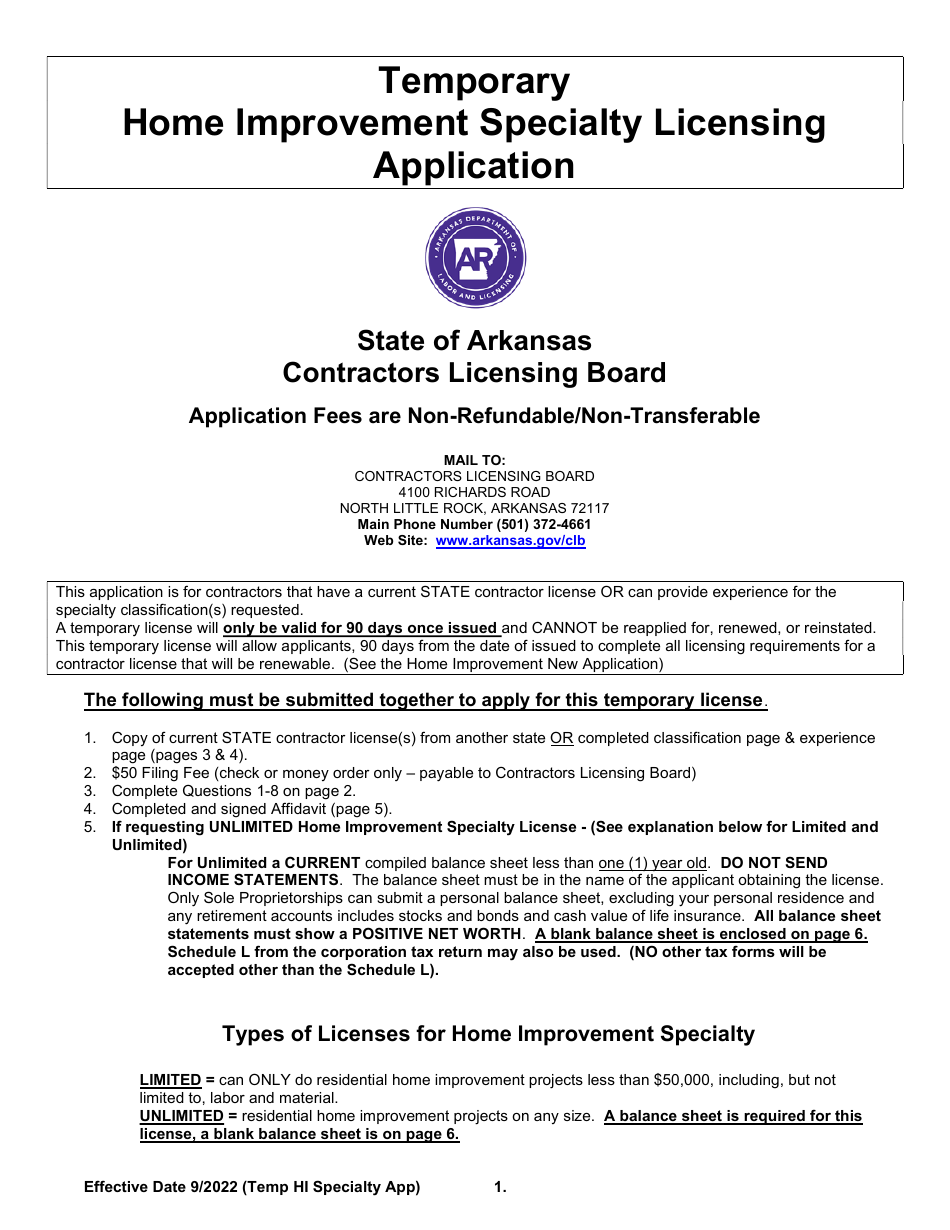 Temporary Home Improvement Specialty Licensing Application - Arkansas, Page 1