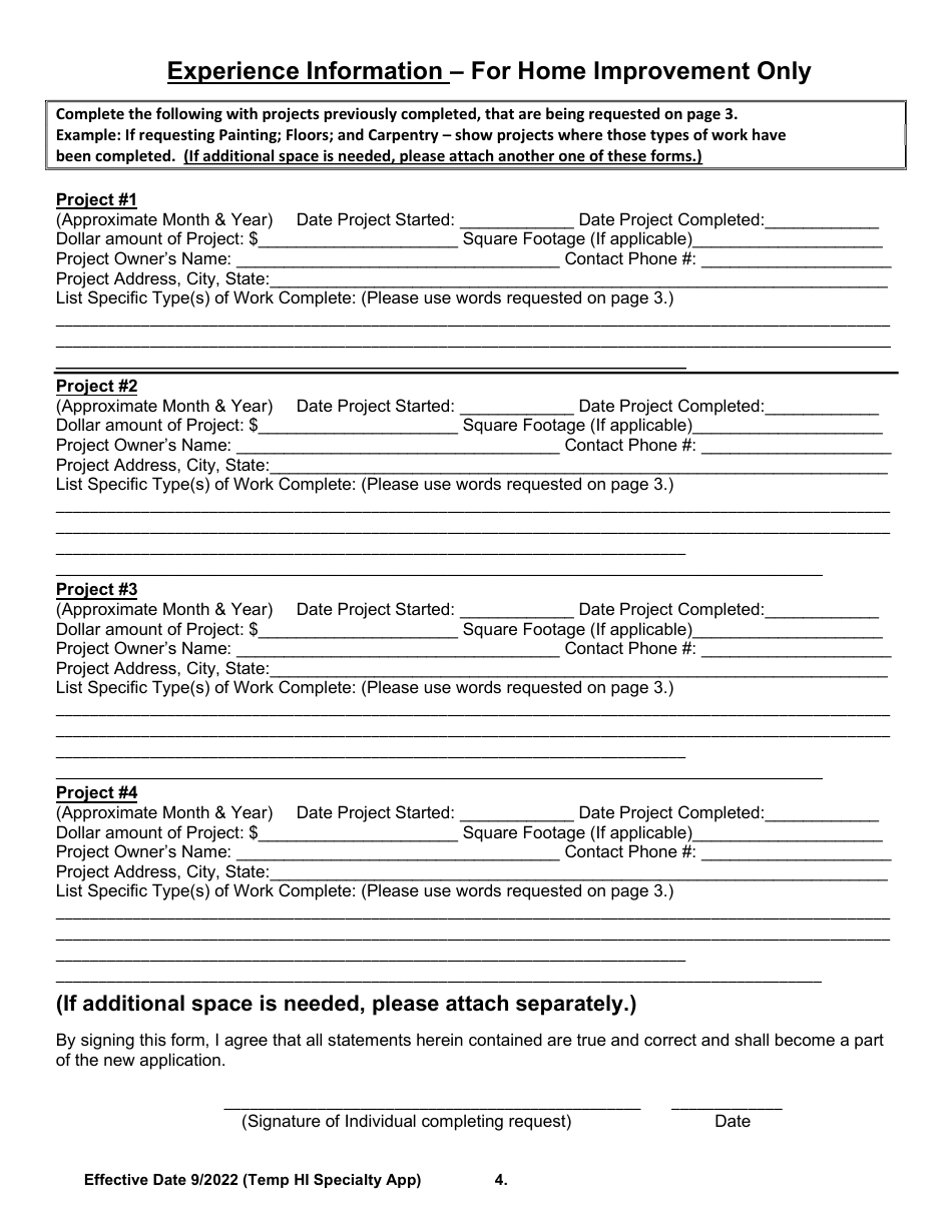 Temporary Home Improvement Specialty Licensing Application - Arkansas, Page 4