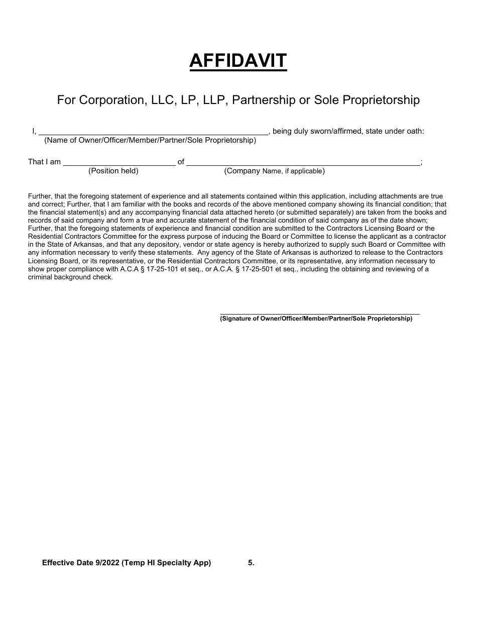 Temporary Home Improvement Specialty Licensing Application - Arkansas, Page 5