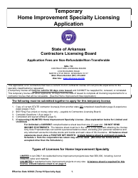 Document preview: Temporary Home Improvement Specialty Licensing Application - Arkansas
