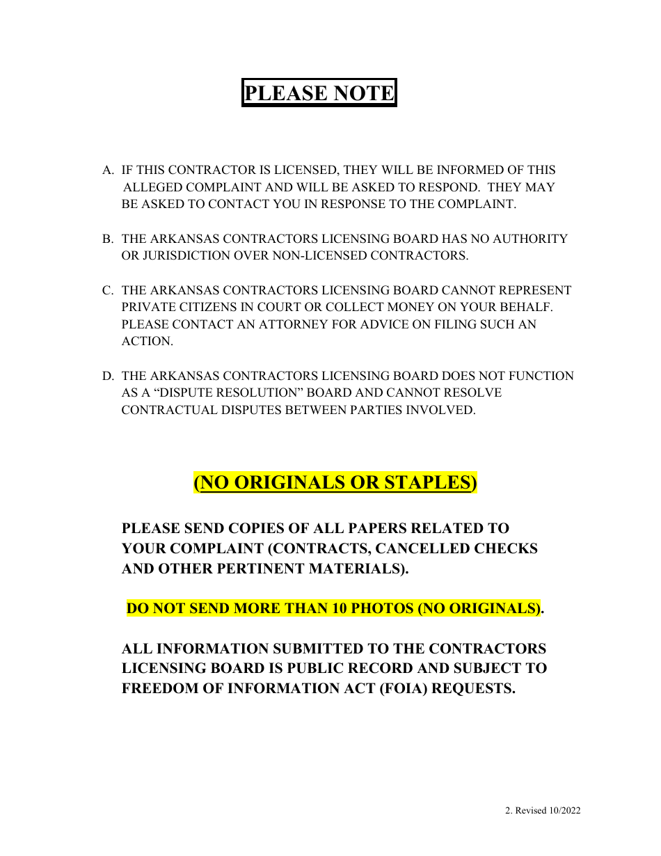 Complaint Form - Arkansas, Page 2