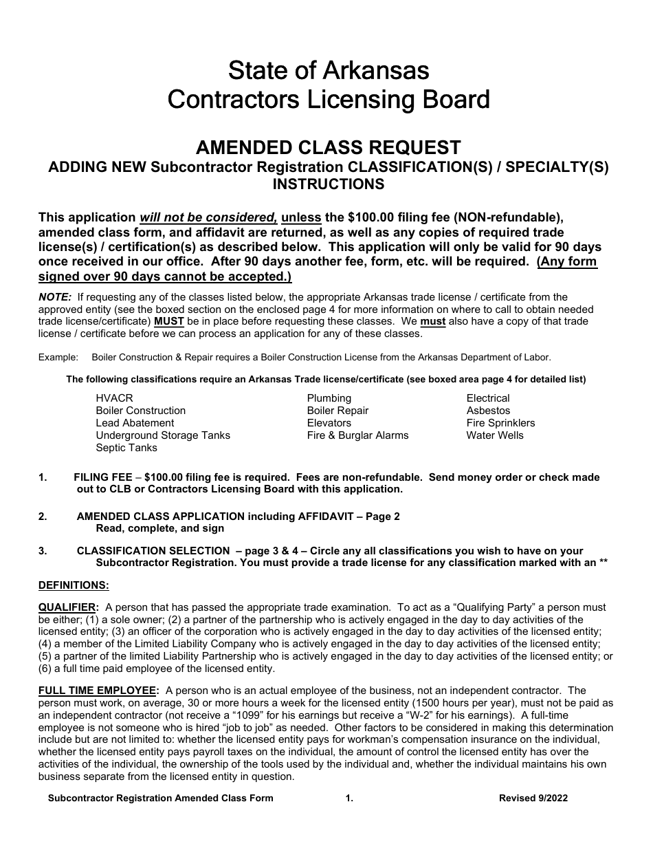 Arkansas Amended Class Application Subcontractor Registration New