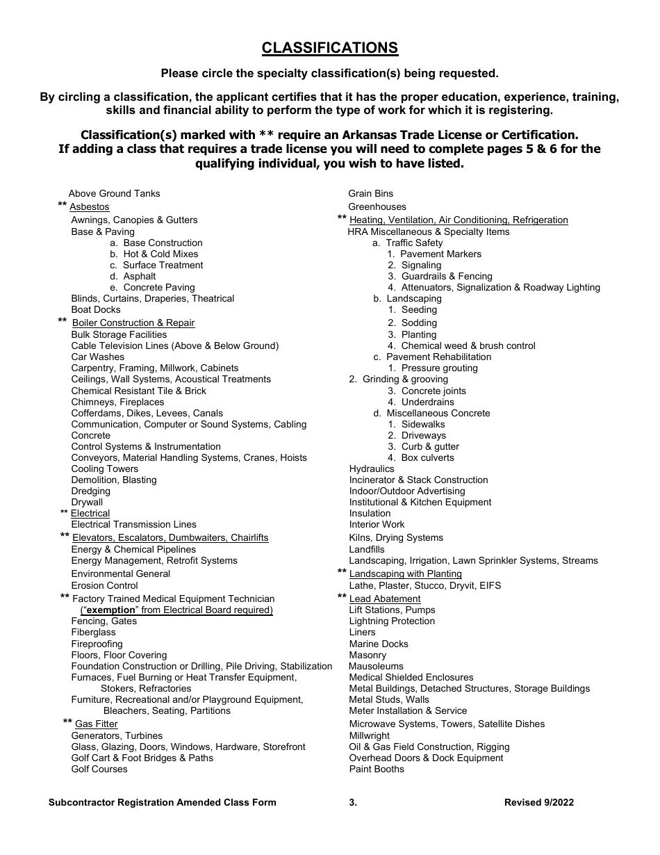 Amended Class Application - Sub-contractor Registration - New Application - Arkansas, Page 3