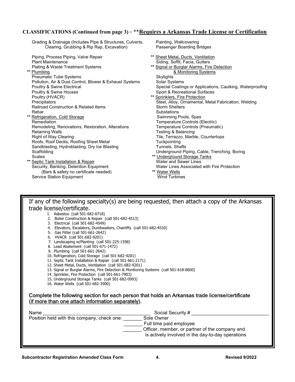 Amended Class Application - Sub-contractor Registration - New Application - Arkansas, Page 4
