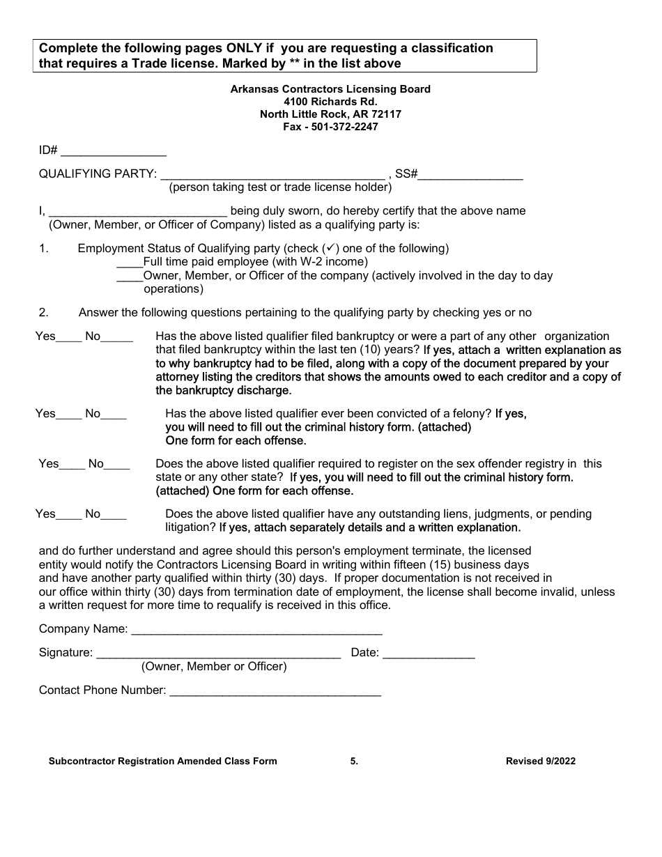 Amended Class Application - Sub-contractor Registration - New Application - Arkansas, Page 5