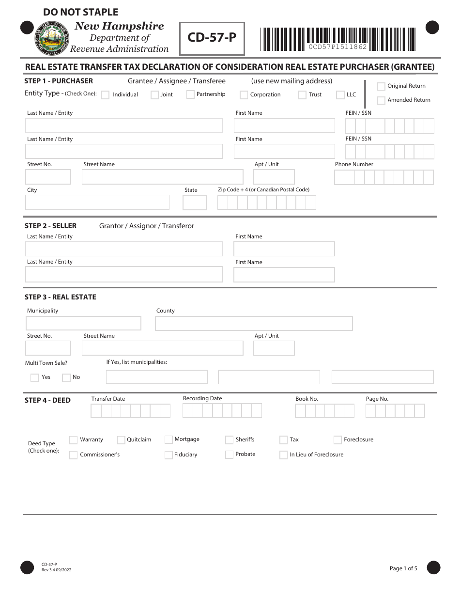 Form CD-57-P Real Estate Transfer Tax Declaration of Consideration Real Estate Purchaser (Grantee) - New Hampshire, Page 1