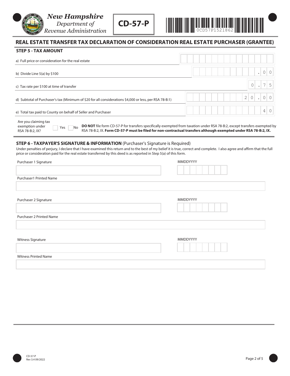 Form CD-57-P Real Estate Transfer Tax Declaration of Consideration Real Estate Purchaser (Grantee) - New Hampshire, Page 2