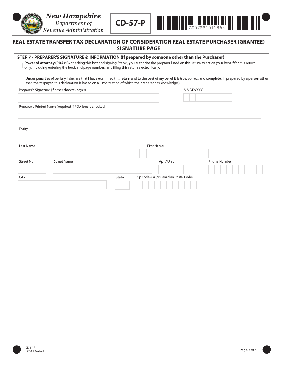 Form CD-57-P Real Estate Transfer Tax Declaration of Consideration Real Estate Purchaser (Grantee) - New Hampshire, Page 3