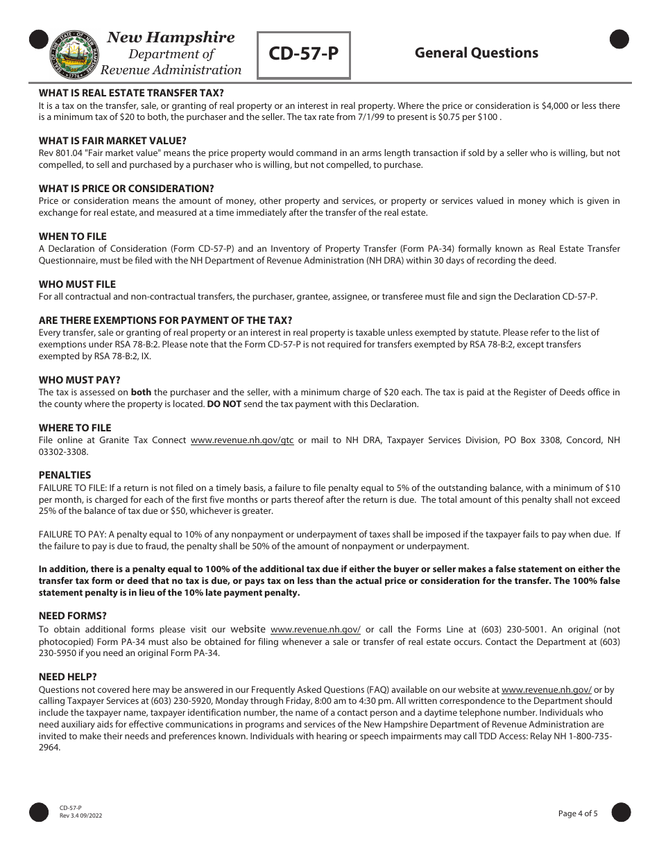 Form CD-57-P Real Estate Transfer Tax Declaration of Consideration Real Estate Purchaser (Grantee) - New Hampshire, Page 4